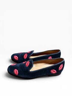 STUBBS & WOOTTON Kisses Loafers Navy Blue Velvet Lips Smoking Slipper Flats 10